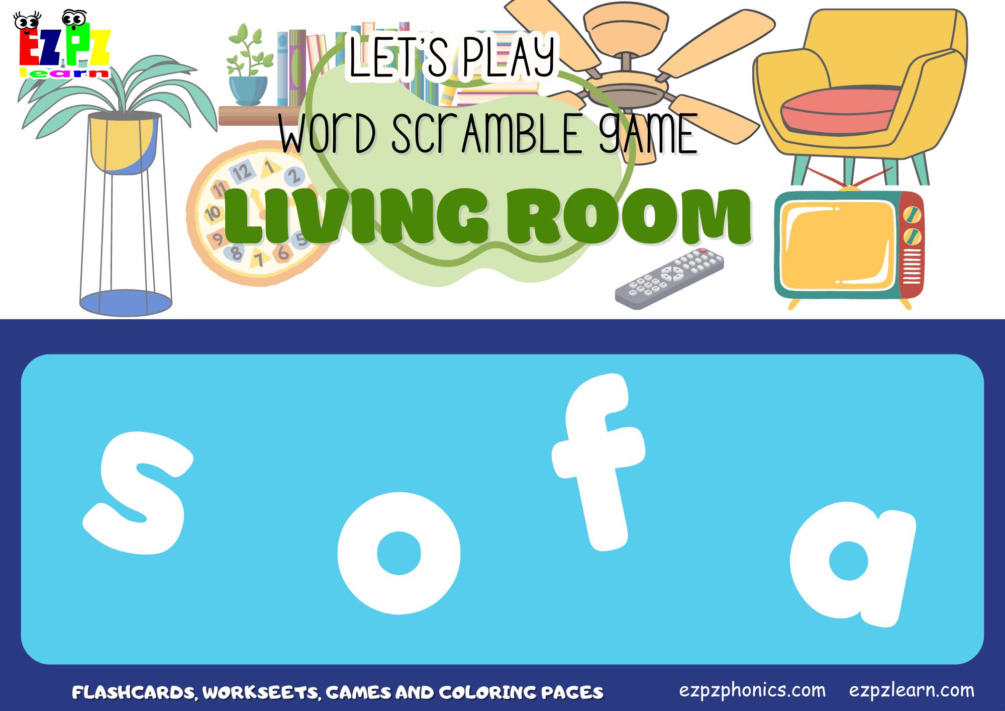 Living Room Vocabulary Word Scramble Game. For kids and English language learners.